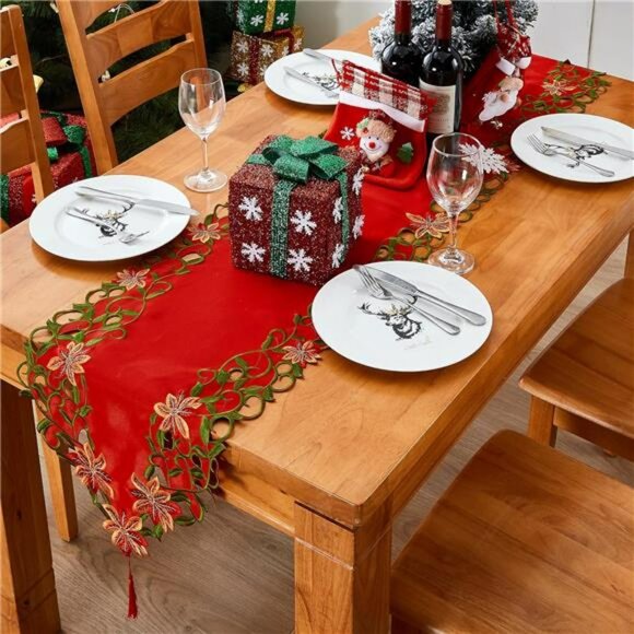 Christmas embroidered table runner red poinsettia green leaves holiday decor 69 - Picture 5 of 8